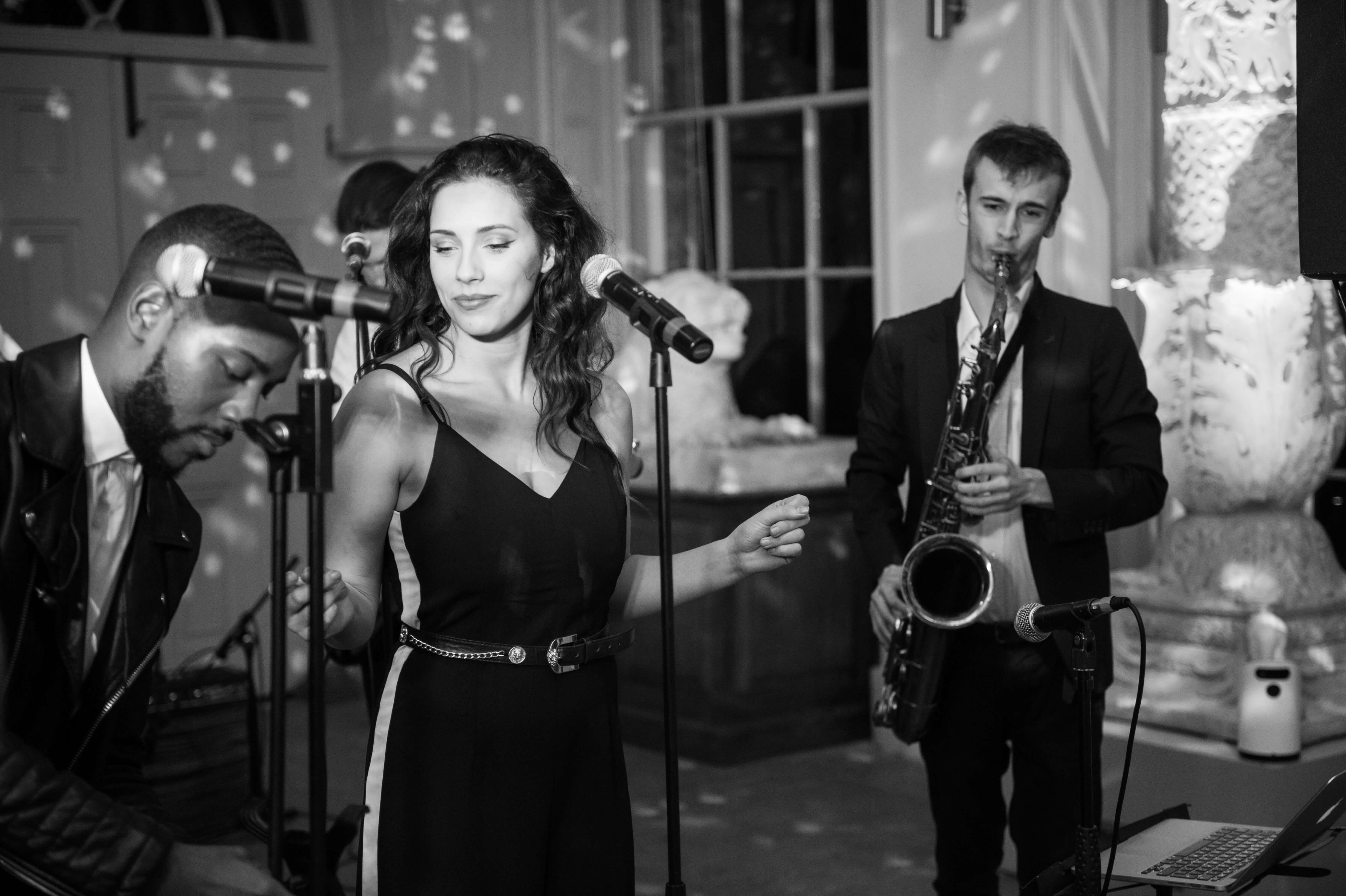 A live band called soul fresh playing at a wedding at aynhoe park in Oxfordshire